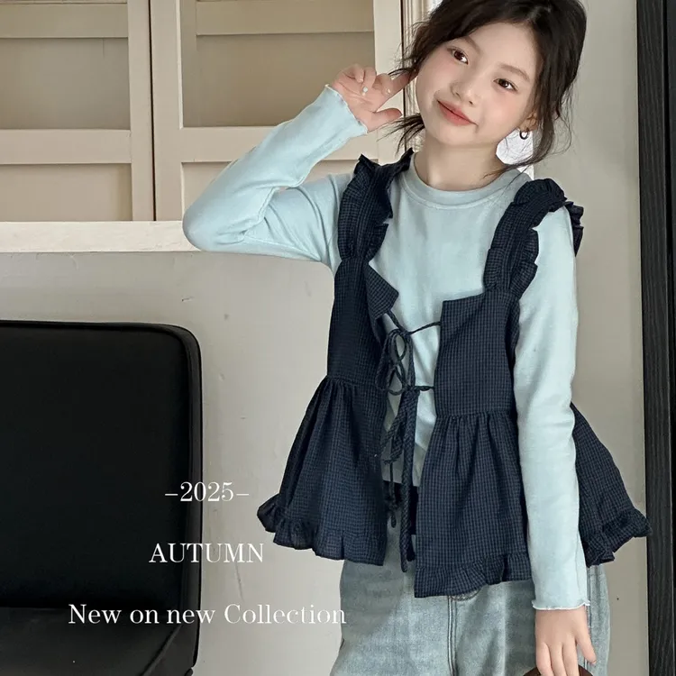 洋气女童装套头纯色打底衫格子马甲背心套装外套韩版衬衫