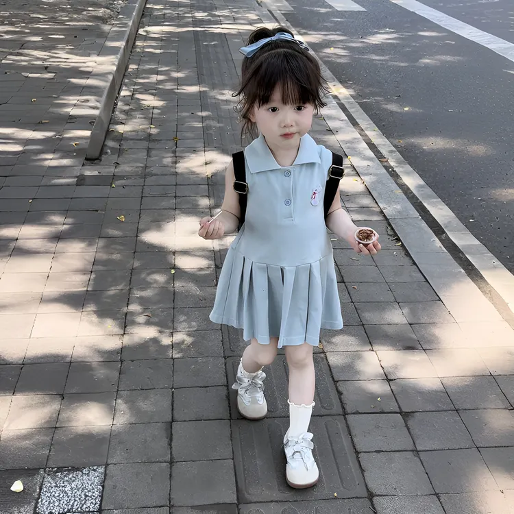 女童POLO领连衣裙夏季2025新款儿童学院风夏装女孩背心百褶裙洋气