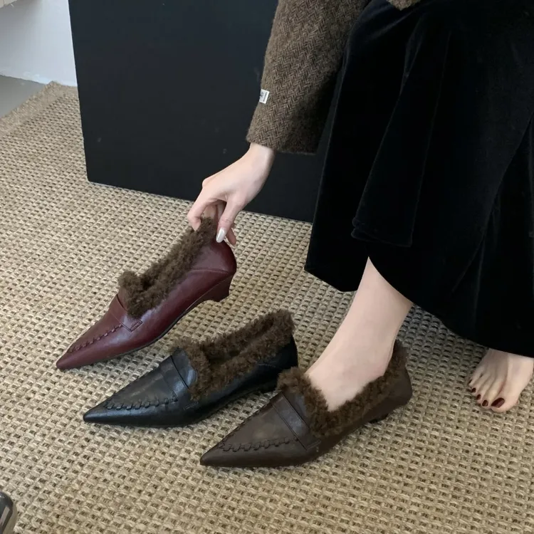 【2种跟】法式秋冬复古编织加绒深口尖头单鞋女时尚保暖棉鞋毛毛鞋