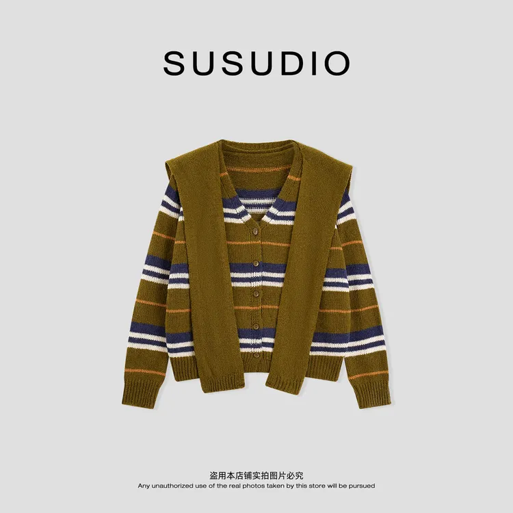  SUSUDIO 绵羊毛 慵懒风撞色条纹显白绵柔毛织开衫（带披肩） Z6042