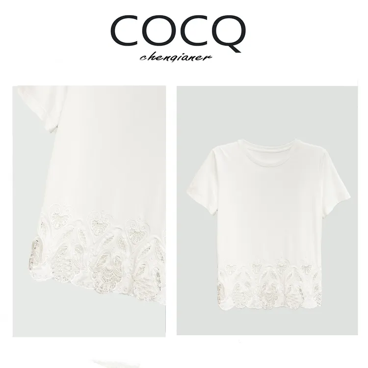 【COCQ】百万针刺绣”白色下摆镂空钩花短袖上衣T恤
