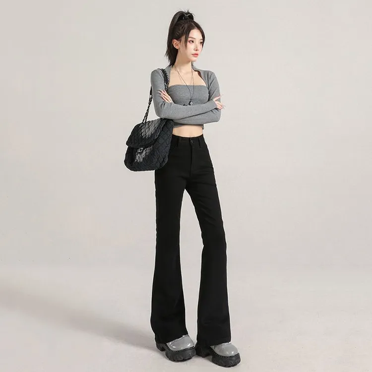 【木木夕】新款秋冬季黑色高腰显瘦牛仔裤女2025年弹力修身微喇叭裤