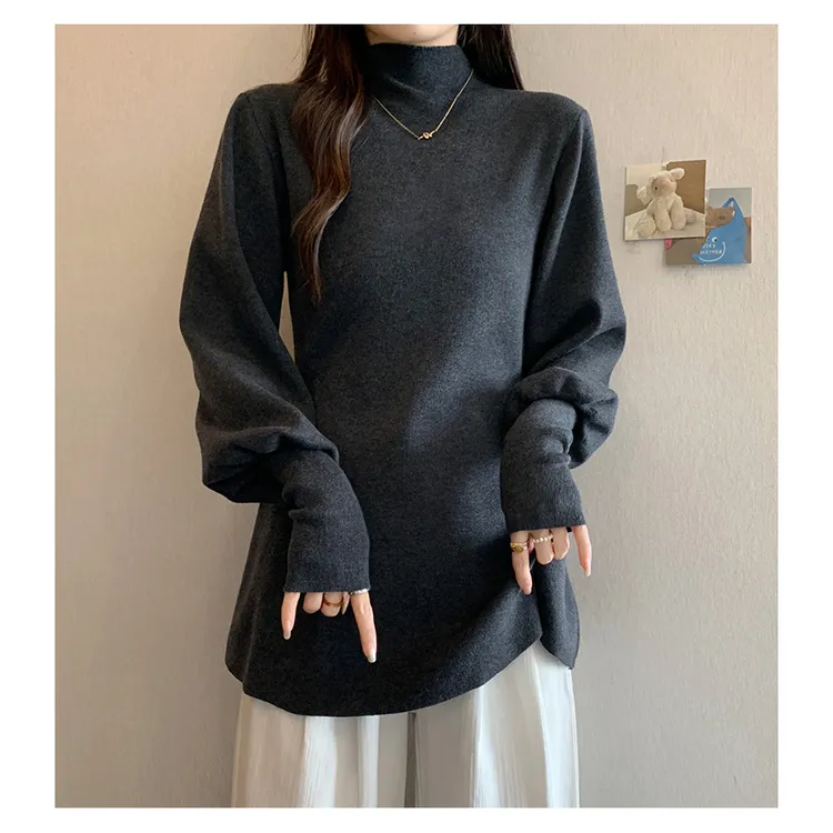 大码女装胖MM设计感收腰半高领毛衣打底衫秋冬修身显瘦灯笼袖上衣