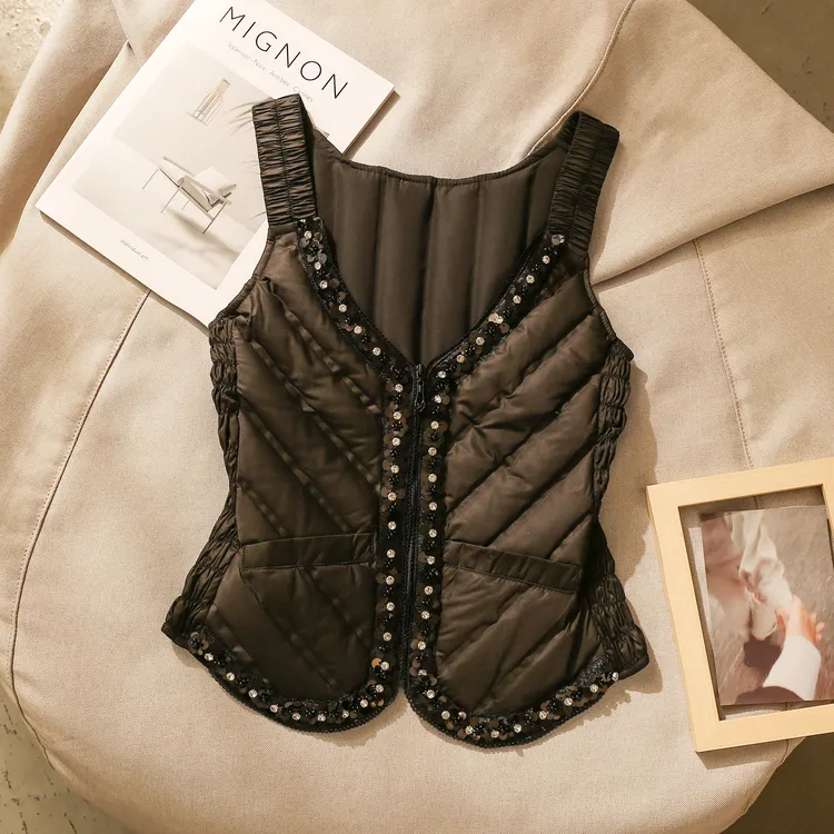 小香风女款秋冬羽绒排骨钉珠马甲高级感坎肩修身内搭打底叠穿上衣
