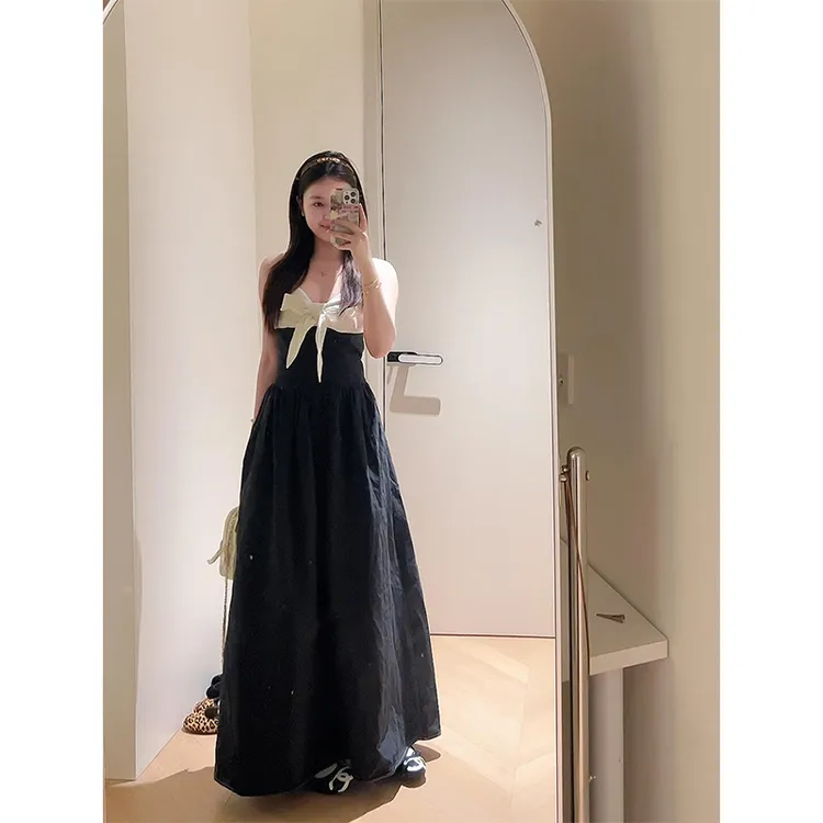 parkyeon法式撞色蝴蝶结吊带连衣裙女夏季新款气质高级感轻奢长裙