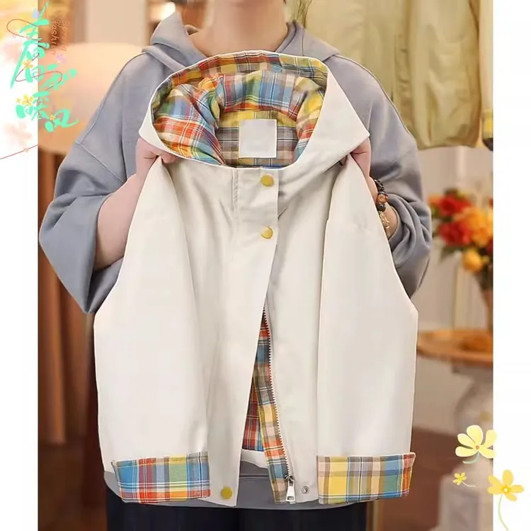 女童格子拼接冲锋衣2025春秋款连帽防风外套夹克百搭拉链上衣风衣