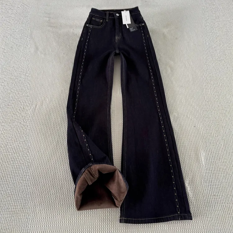 加绒加厚微喇牛仔裤女冬季大码胖mm高腰显瘦宽松垂感不贴腿喇叭裤