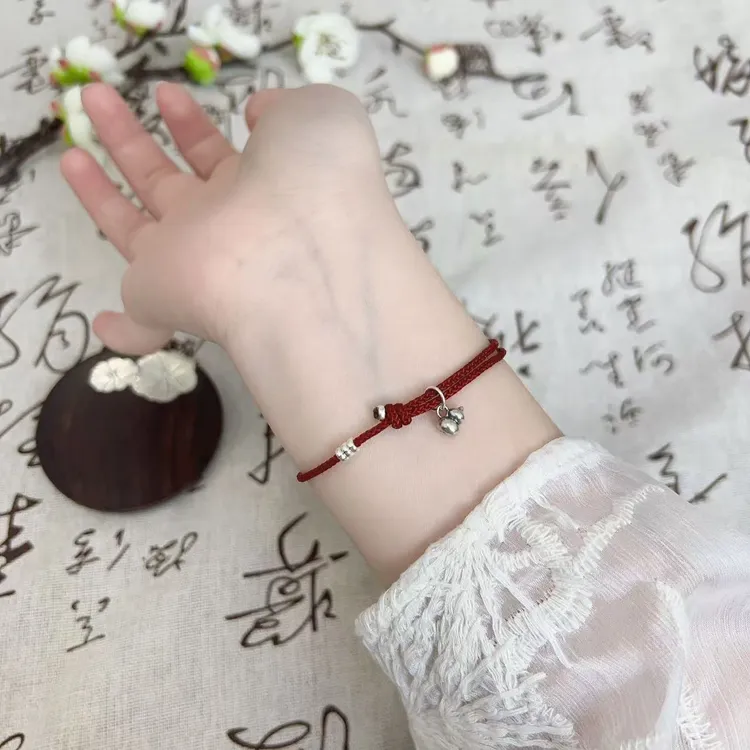 925银布艺手链 小葫芦手绳本命年红绳新中式极简实心葫芦纯银手链