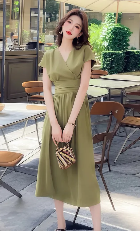 牛油果绿色短袖收腰连衣裙女2025夏季新款海边度假独特绝美小裙子