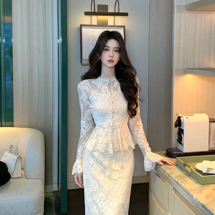 【现货】【皎月凝霜】早秋优雅修身蕾丝套装长袖收腰直筒半身裙套装