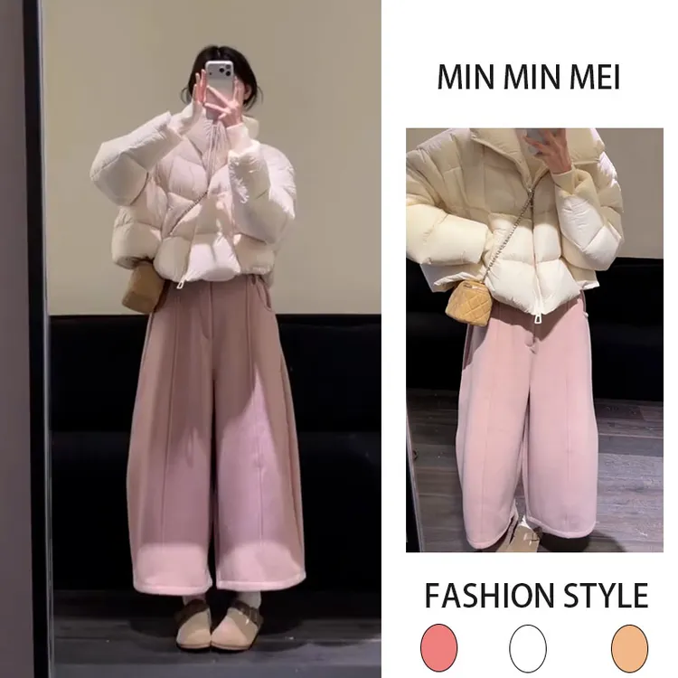 韩系高级感慵懒风穿搭2025年冬季时尚百搭短款棉服加绒休闲裤套装