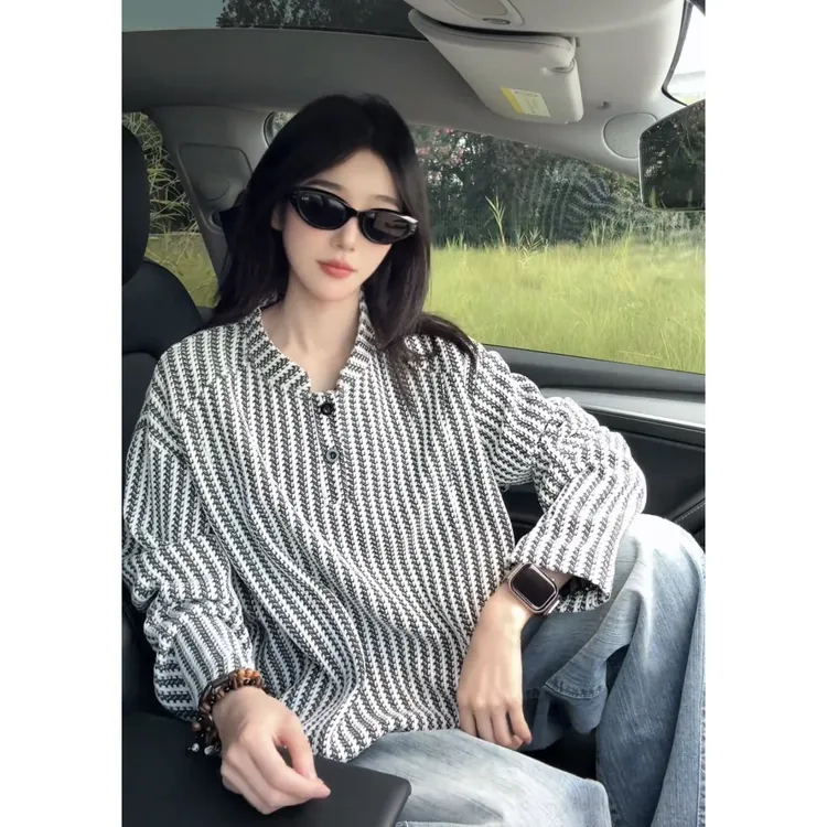 【现货】美式亨利领长袖T恤男春秋休闲大码打底衫小香风鱼骨纹上衣