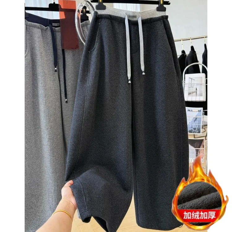 高级感韩系慵懒风松弛感冬季加厚加绒卫裤休闲裤女独特别致弯刀裤