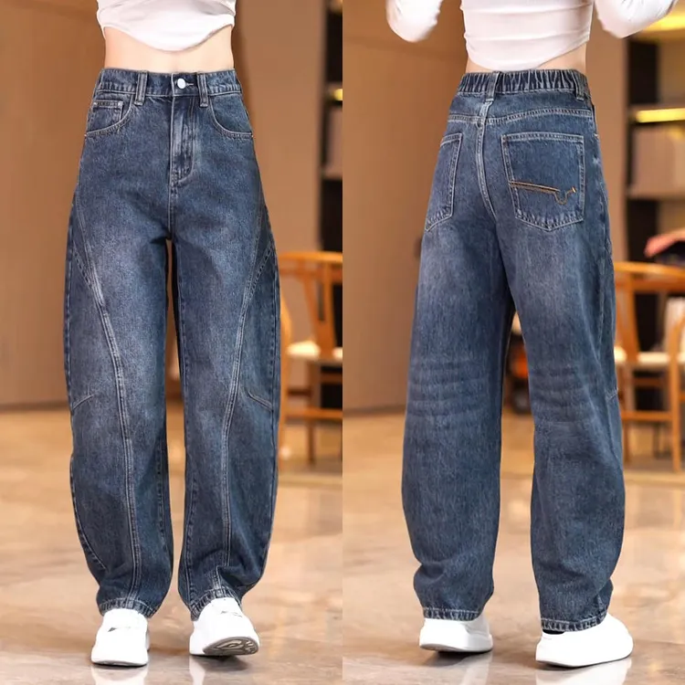 美式拼接牛仔裤男2025新款松紧腰弯刀长裤男装高街百搭宽松阔腿裤