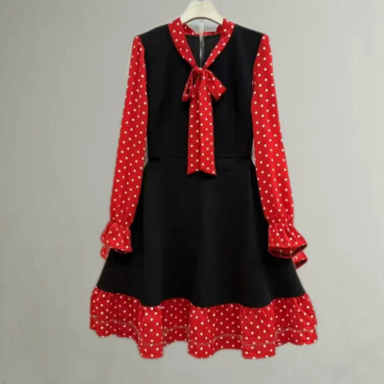 岚岚大码新款时尚洋气优雅气质领带结波点拼接温柔显瘦连衣裙7591