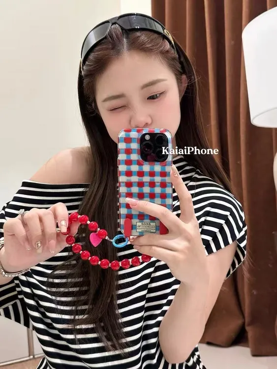 ins小众红蓝格纹适用苹果16Promax简约15手机壳vivo华为oppo小米