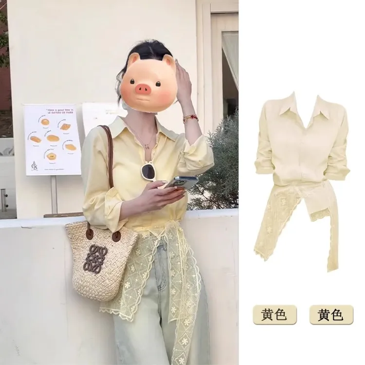 法式蕾丝披肩黄色长袖衬衫女2025早春新款超好看衬衣收腰屁帘上衣