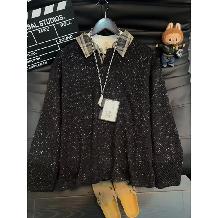 美式满天星雪尼尔卫衣男秋冬加绒设计感格子翻领polo衫高级感外套