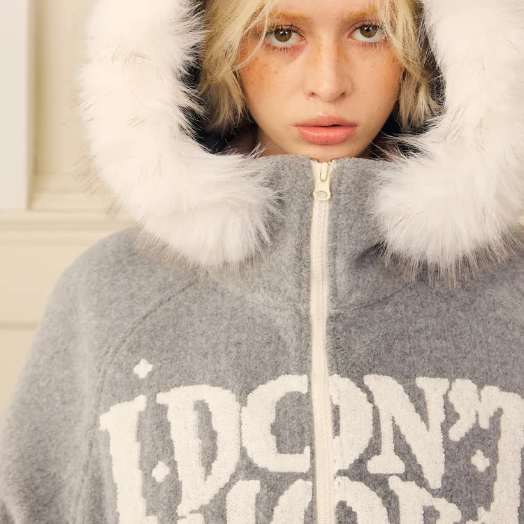 DONSMOKE冬季毛呢费尔岛提花毛领外套保暖休闲字母连帽上衣