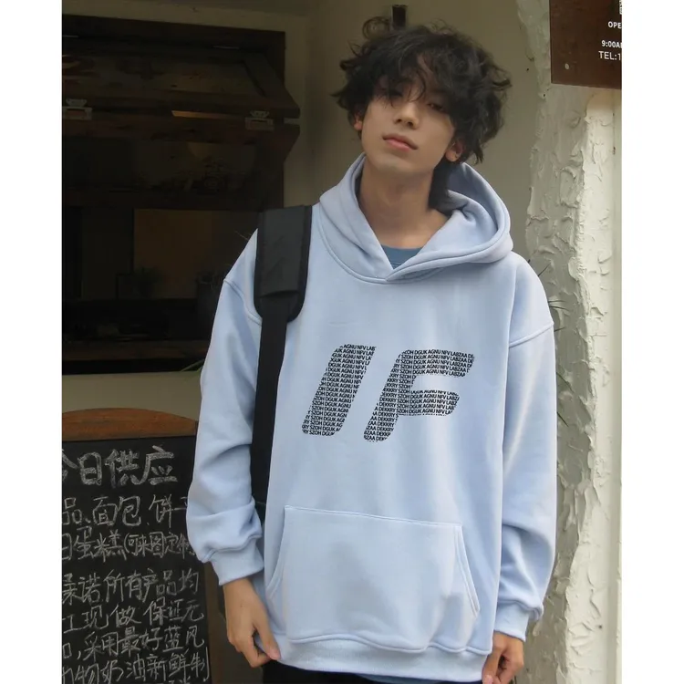 美式潮牌个性字母印花天蓝色连帽卫衣男女秋冬季百搭休闲情侣上衣