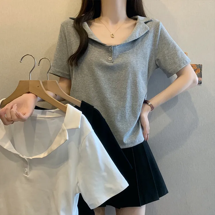 大码Polo翻领露骨短袖t恤女2025夏新款收腰抽绳正肩修身显瘦上衣
