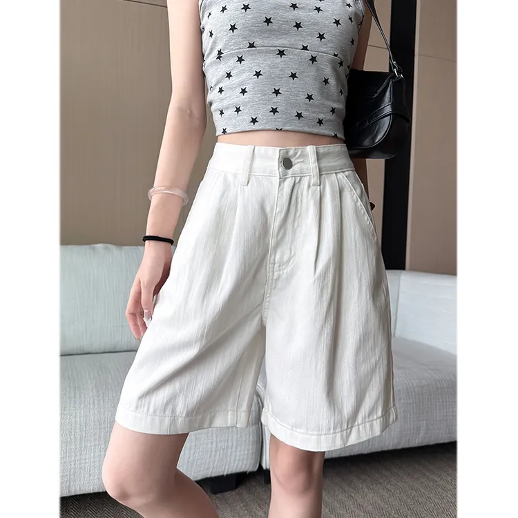 拉夏贝尔高腰直筒牛仔短裤女网红爆款时尚显瘦宽松百搭阔腿五分裤