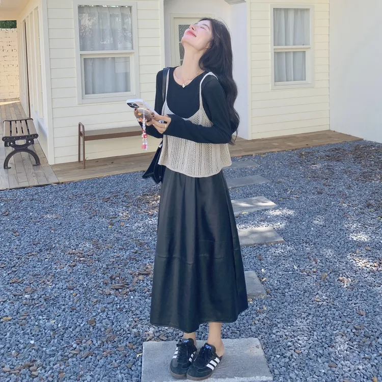 韩系ins风针织吊带T恤皮裙三件套女2025年秋季今年流行半身裙套装