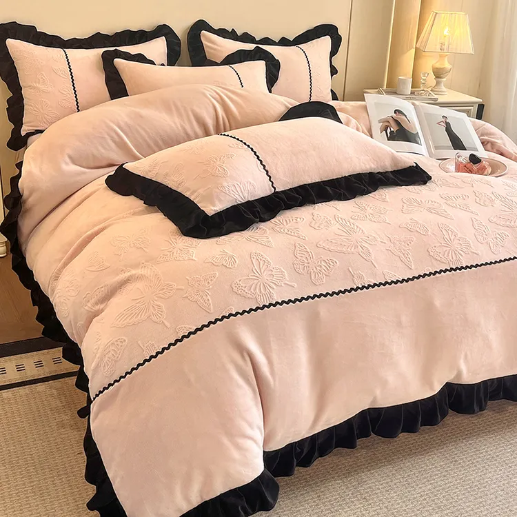 富安娜小香风冬季牛奶绒加厚保暖床单被套双面绒拼接雕花绒四件套