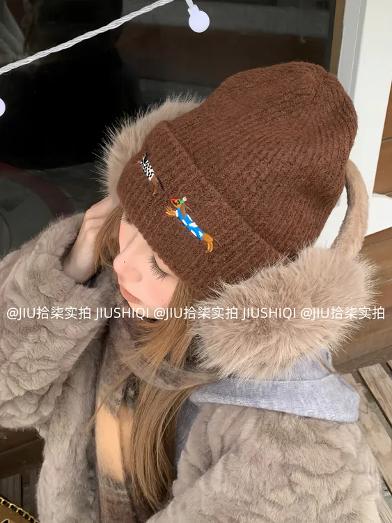 超绝氛围感可爱腊肠狗刺绣针织毛线帽子秋冬保暖卡通风