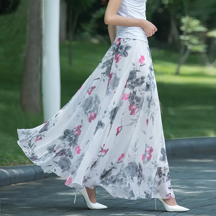 夏季雪纺碎花半身裙女中长款2025新款高腰a字大摆小个子大码伞裙