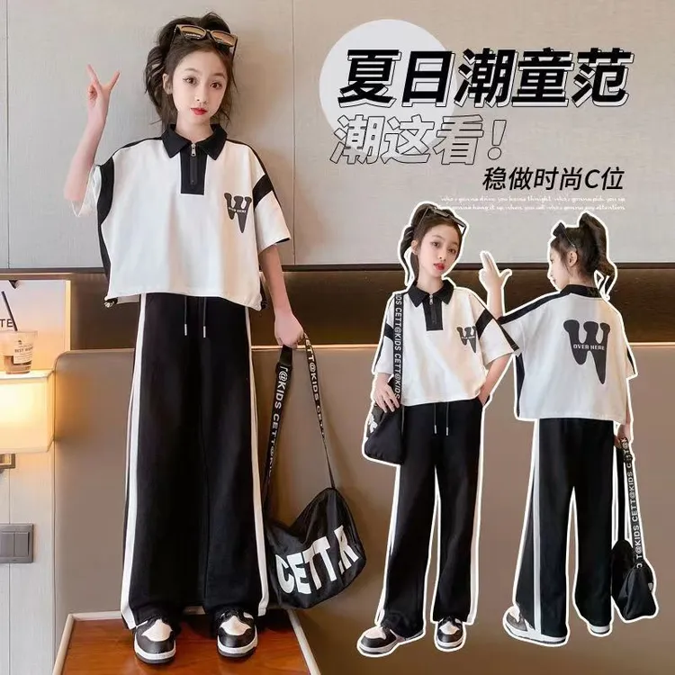 女童夏装学院风运动套装2025新款洋气时髦中大童Polo衫长裤两件套