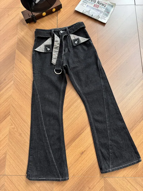 「千鸟格原牛」bootcut微喇叭斜切解构剪裁优雅修身显高显瘦牛仔裤