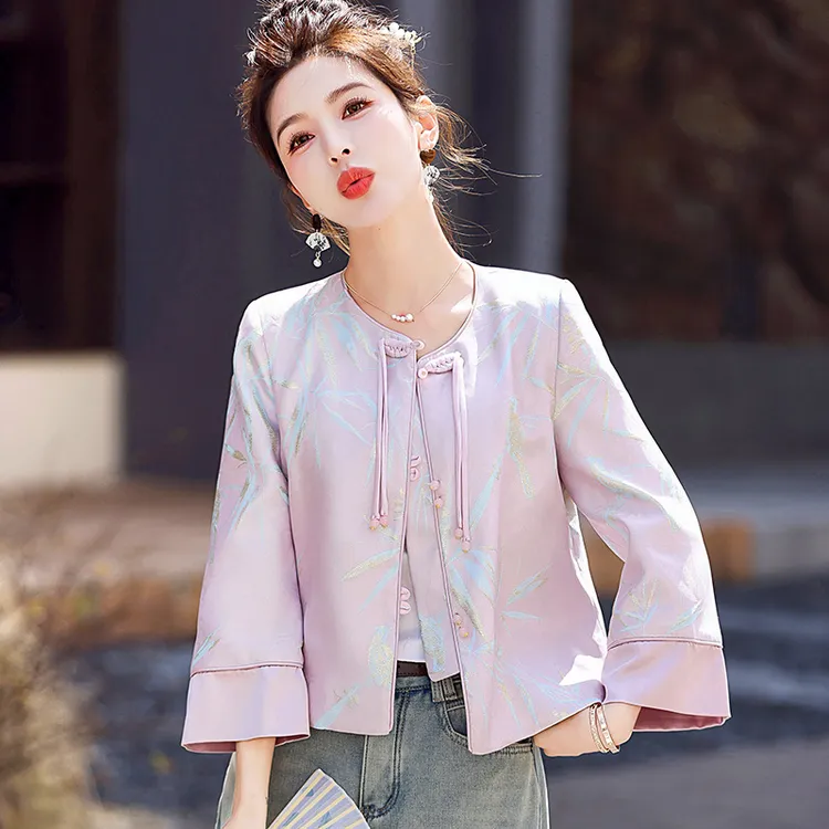 木瓜牛奶秋季新中式气质宽松长袖高档上衣优雅提花小衫盘扣外套潮