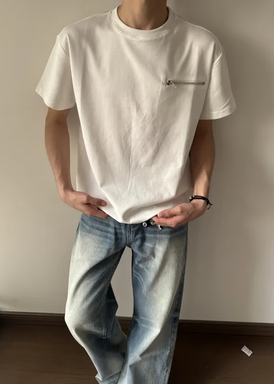  美式cleanfit拉链装饰短袖T恤男女潮牌简约短款百搭体恤