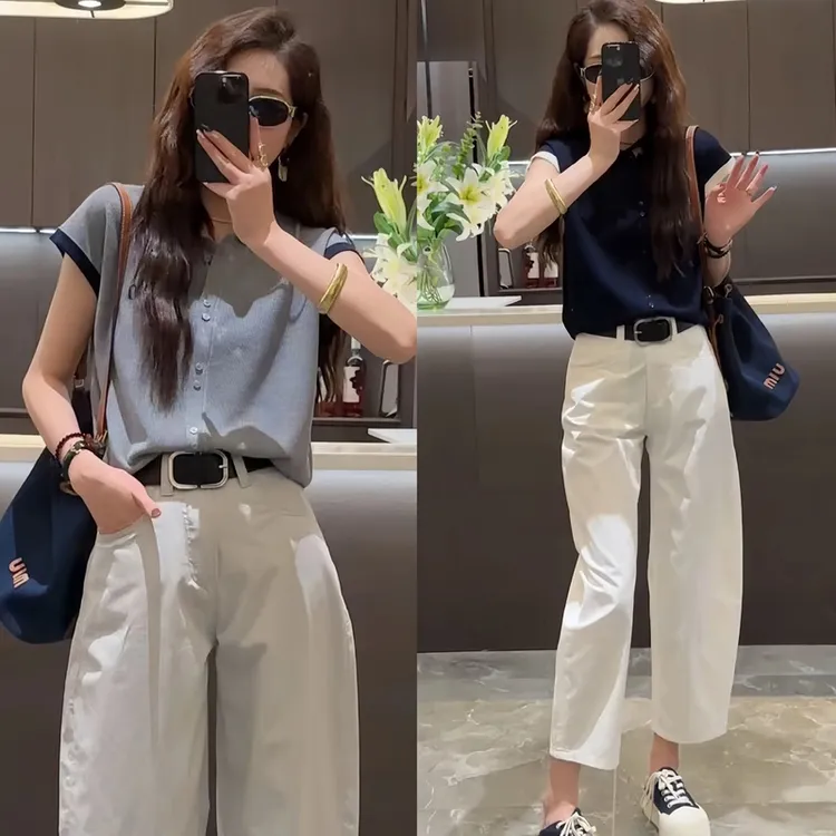时尚套装女2025夏季新款洋气针织短袖T恤+九分休闲裤气质两件套女