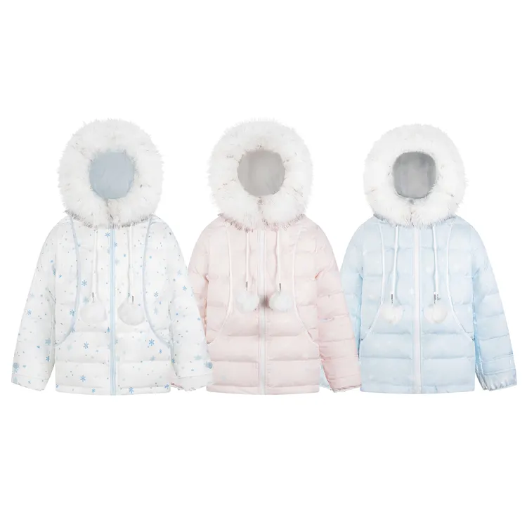 AMER 国潮可爱甜系满印雪花连帽毛球外套排骨保暖棉服