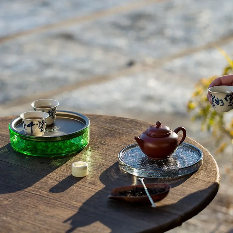 玻璃干泡盘海浪纹壶承加厚壶托茶托圆形茶盘杯垫茶点盘茶道零配件
