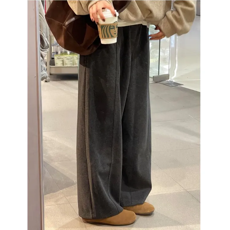 冬季款深灰色宽松加绒加厚毛呢阔腿裤女大码高腰显瘦垂感直筒裤子