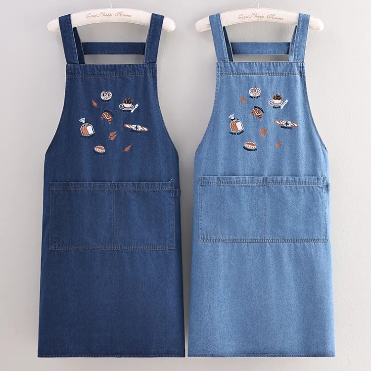 牛仔复古透气围裙休闲风工装背带无袖刺绣防污家用厨房成人工作服