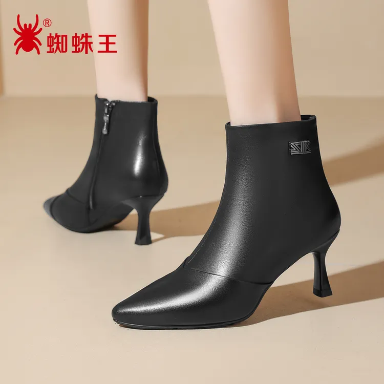 蜘蛛王女靴2025时尚女鞋气质加绒百搭裸靴尖头秋冬短靴20L020黑色