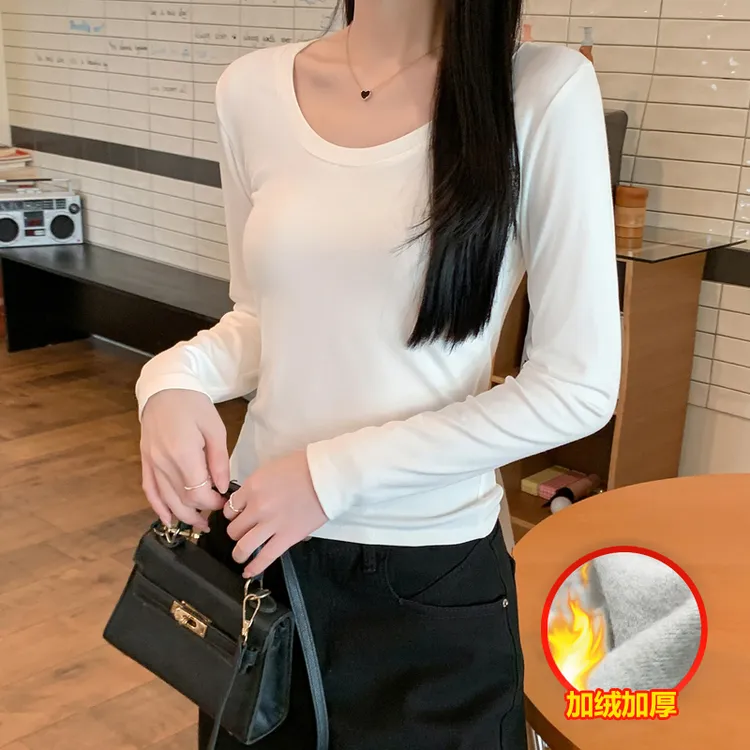 年谜2025秋冬长袖t恤女U领修身纯色正肩内搭打底衫显瘦韩版
