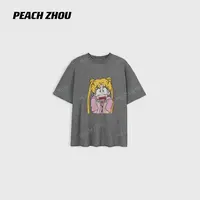 『PEACHZHOU』搞怪美少女卡通印花正肩宽松圆领短袖美式休闲减龄T恤