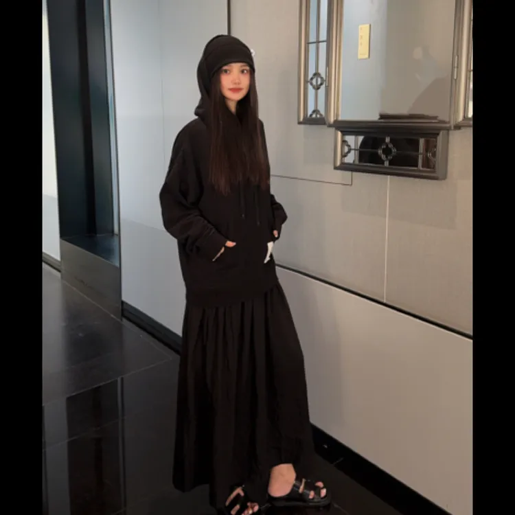 LULU BUNNY  卫衣拼接连衣圈贴标磨烂边儿休闲长款连帽
