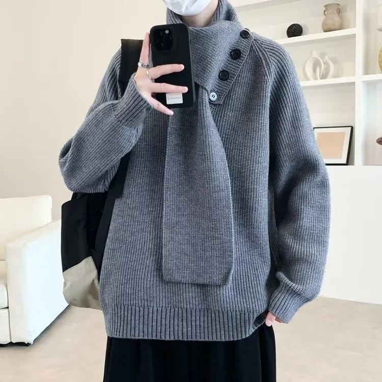 P48网络图YM202高品质带围巾毛衣黑灰红杏M-3XL