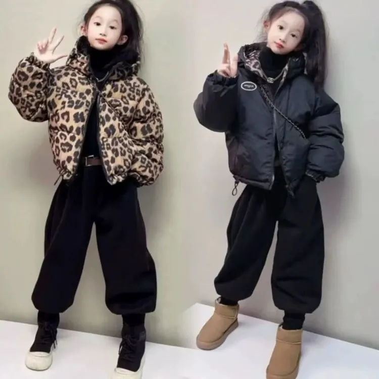 506258 黄豹纹 韩版男童女童休闲舒适百搭秋冬保暖两面穿羽绒服