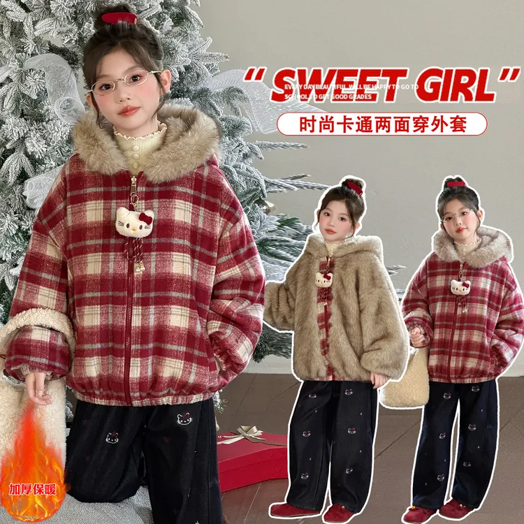 女童格子加绒加厚外套冬季2025新款儿童双面穿连帽棉服洋气过年服