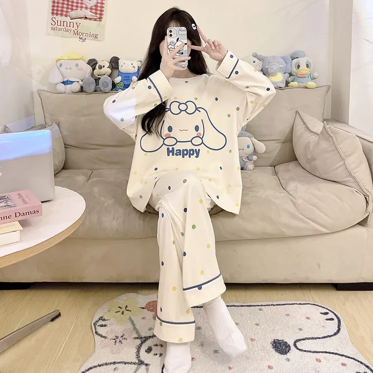 睡衣女孩春秋纯棉女童夏季薄款长袖中大童宽松大码家居服套装卡通