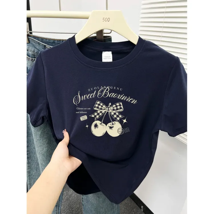韩系甜美chic樱桃蝴蝶结正肩短袖T恤女大码胖mm新款百搭圆领上衣
