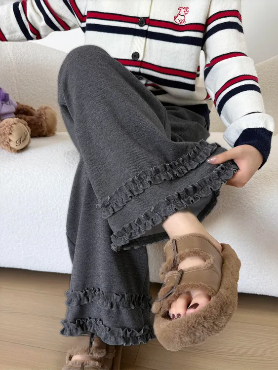 深灰色木耳花边糯米休闲裤女秋季新款胖妹妹mm高腰宽松显瘦九分裤