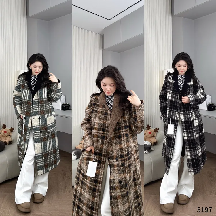 秋冬季新款复古格子宽松加厚外套女中长款毛毛大衣YF5197